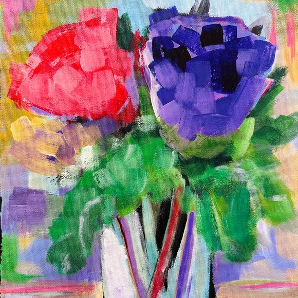 Original Impressionism Collectible Flowers 9"x 12 " Canvas Red Violet Handmade - Picture 1 of 9